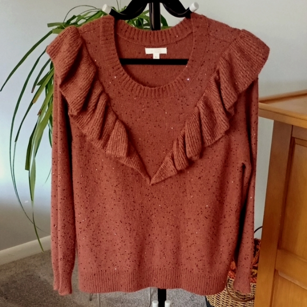 LC Lauren Conrad Women's Sweater in Rust with Ruffles, And Sequence, Pre-owned